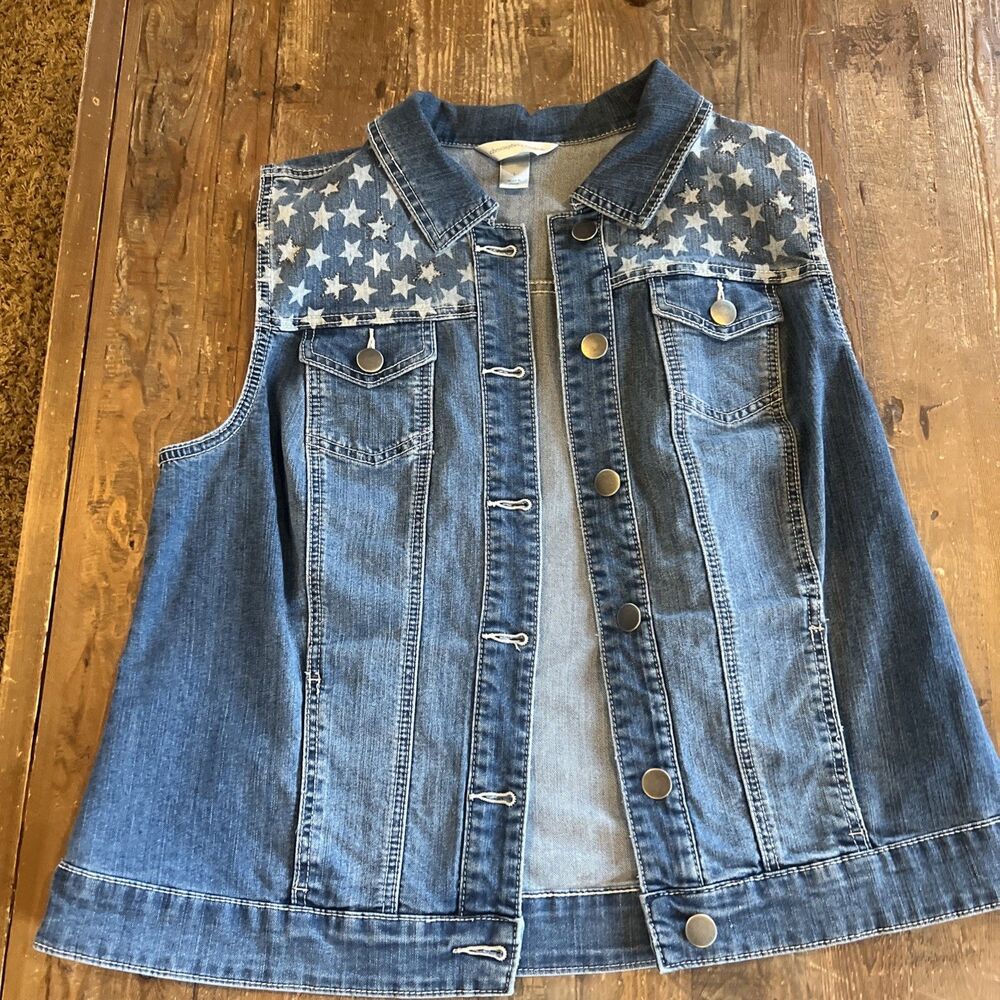 Christopher & Banks CJ Star Sparkle Denim Jean Vest Button Down Sz Women’s L